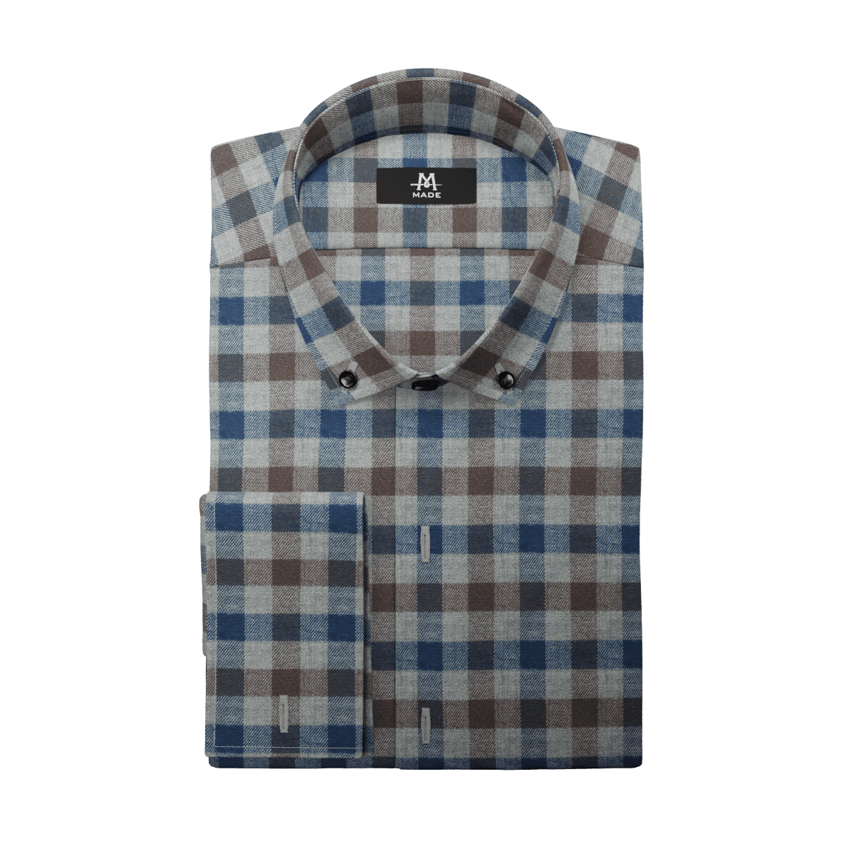A plaid shirt with no contrast fabric, french cuff, and mini-wide collar