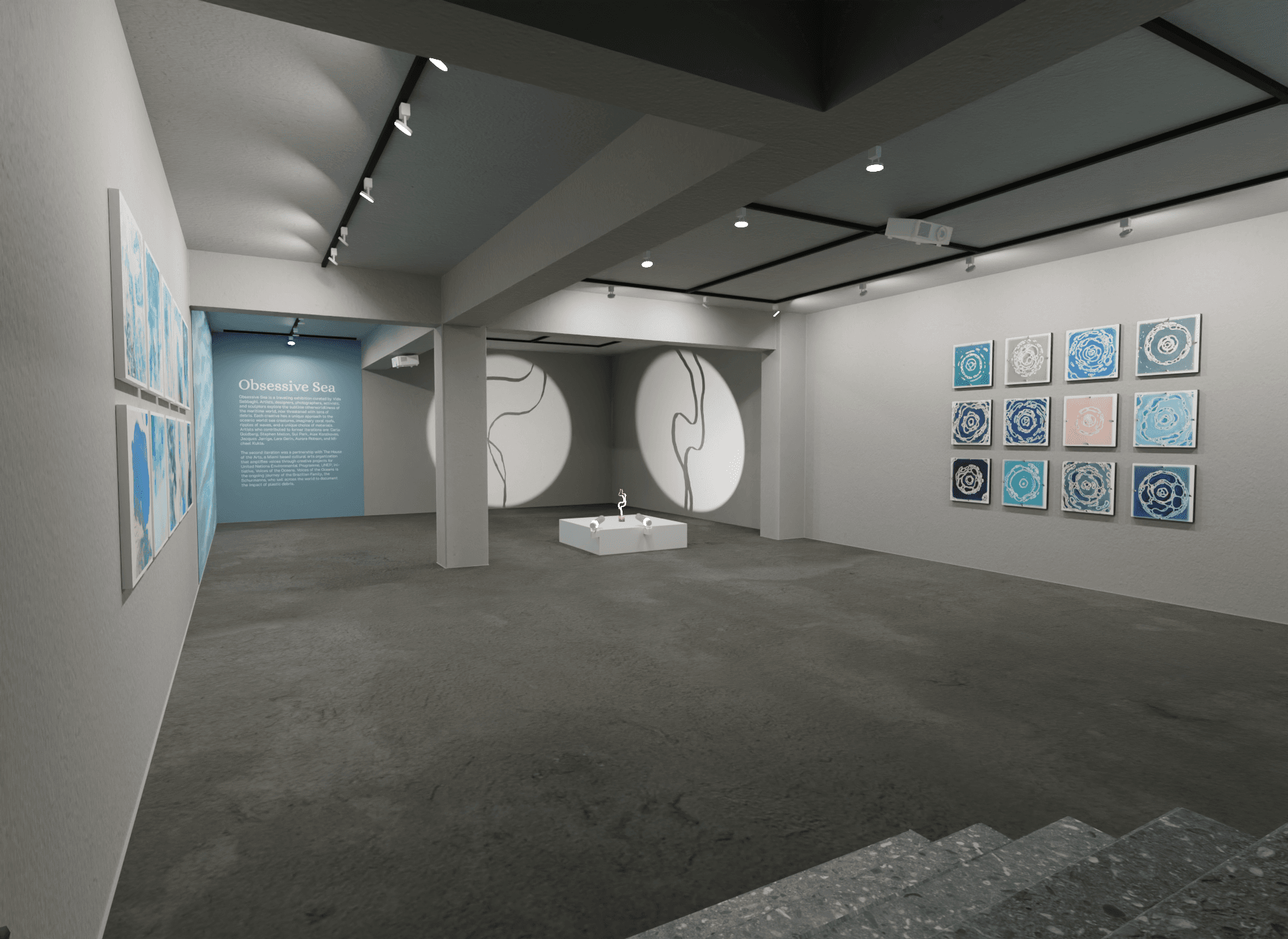 A 3D rendering of the interior of a small art gallery space with an abstract object casting shadows in the back corner, a projection of ocean waves on the wall, and 2 groups of framed artworks on the wall across from each other