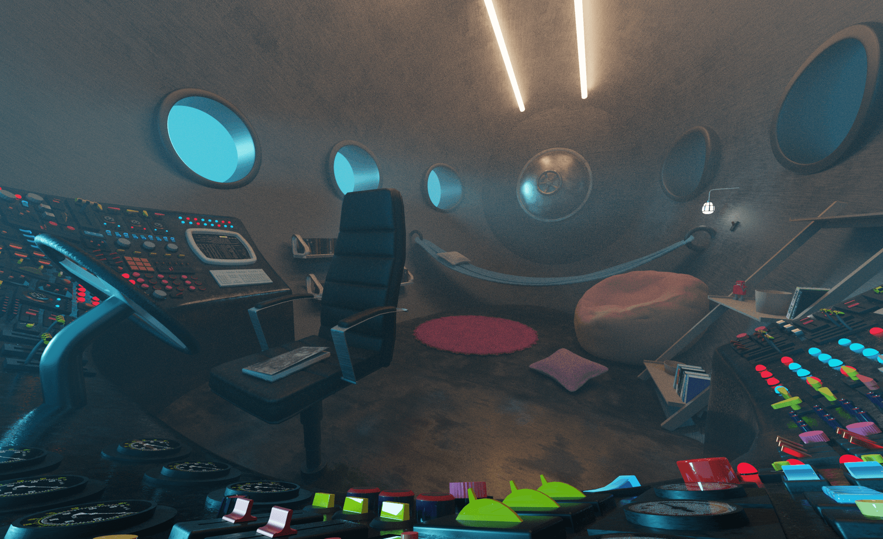 A photorealistic of the interior of a submarine