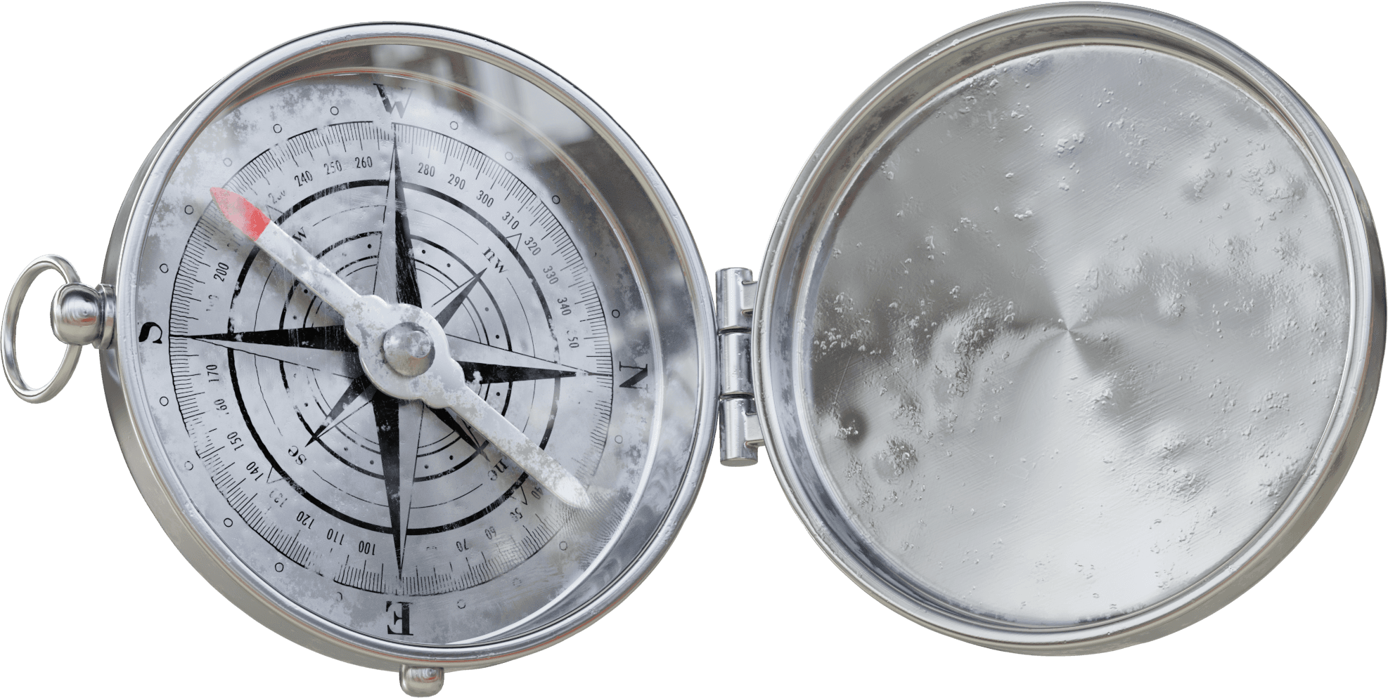 3D rendering of a worn steel compass on its side