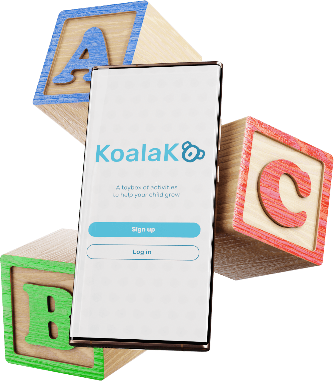 3D rendering of a phone with an app called 'KoalaKo' open on the screen