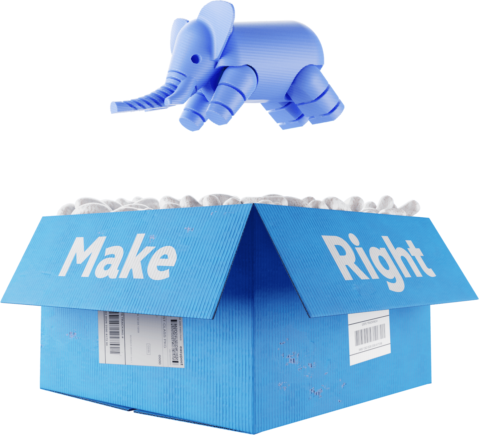 3D printed plastic elephant diving into a cardboard box