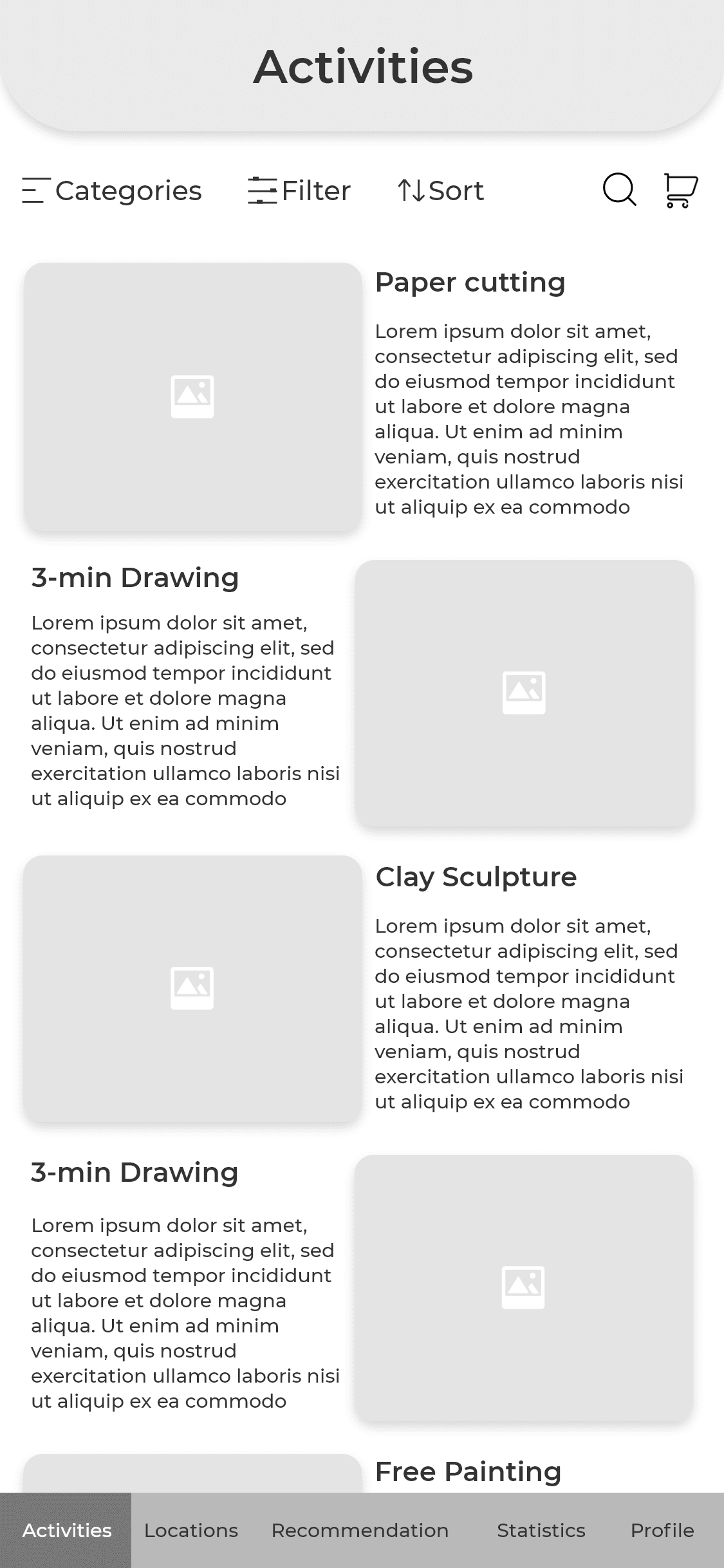 A low fidelity prototype of the activities screen of the KoalaKo app, where the user is able to view a list of activities and select one to play.