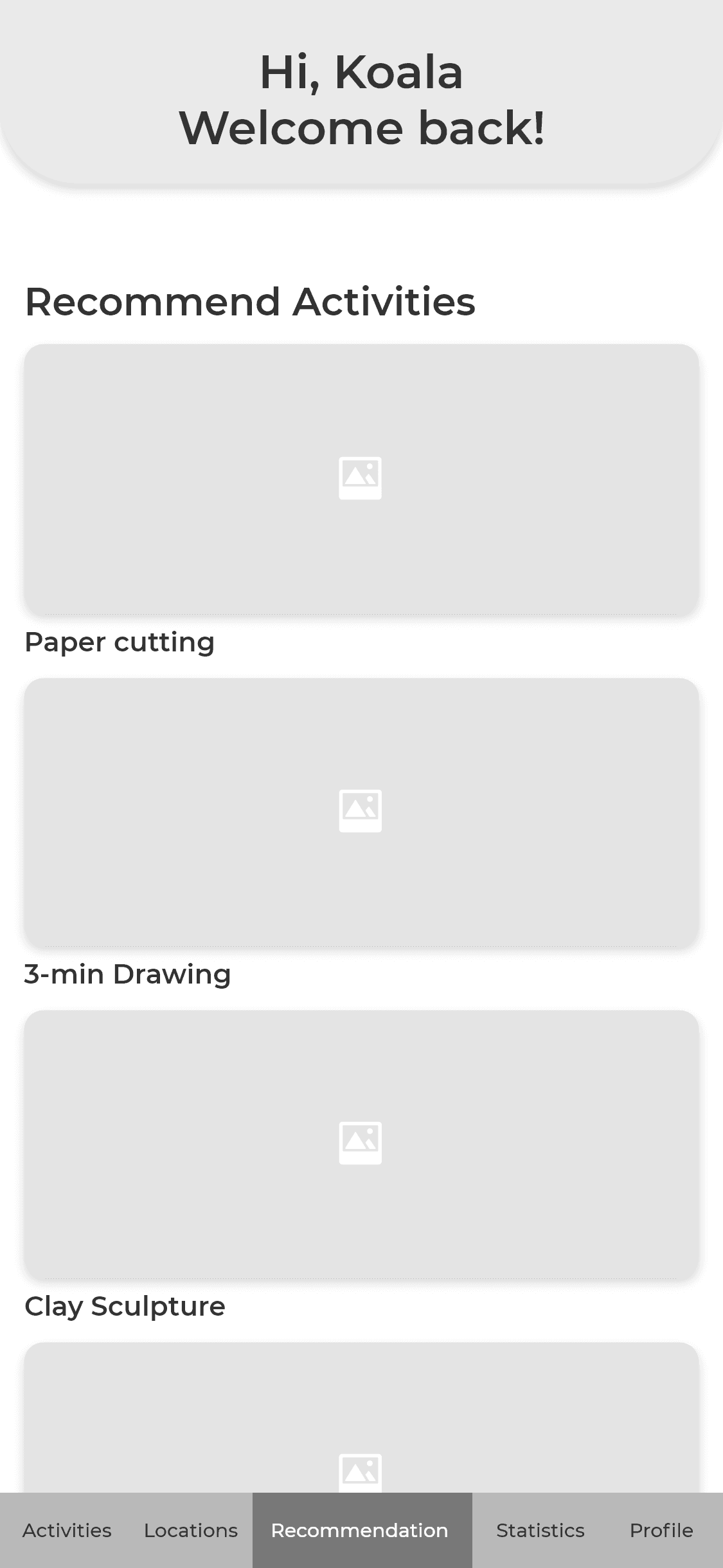 A low fidelity prototype of the homepage of the KoalaKo app, where the user is able to view a list of activities, as well as navigate to other parts of the app.