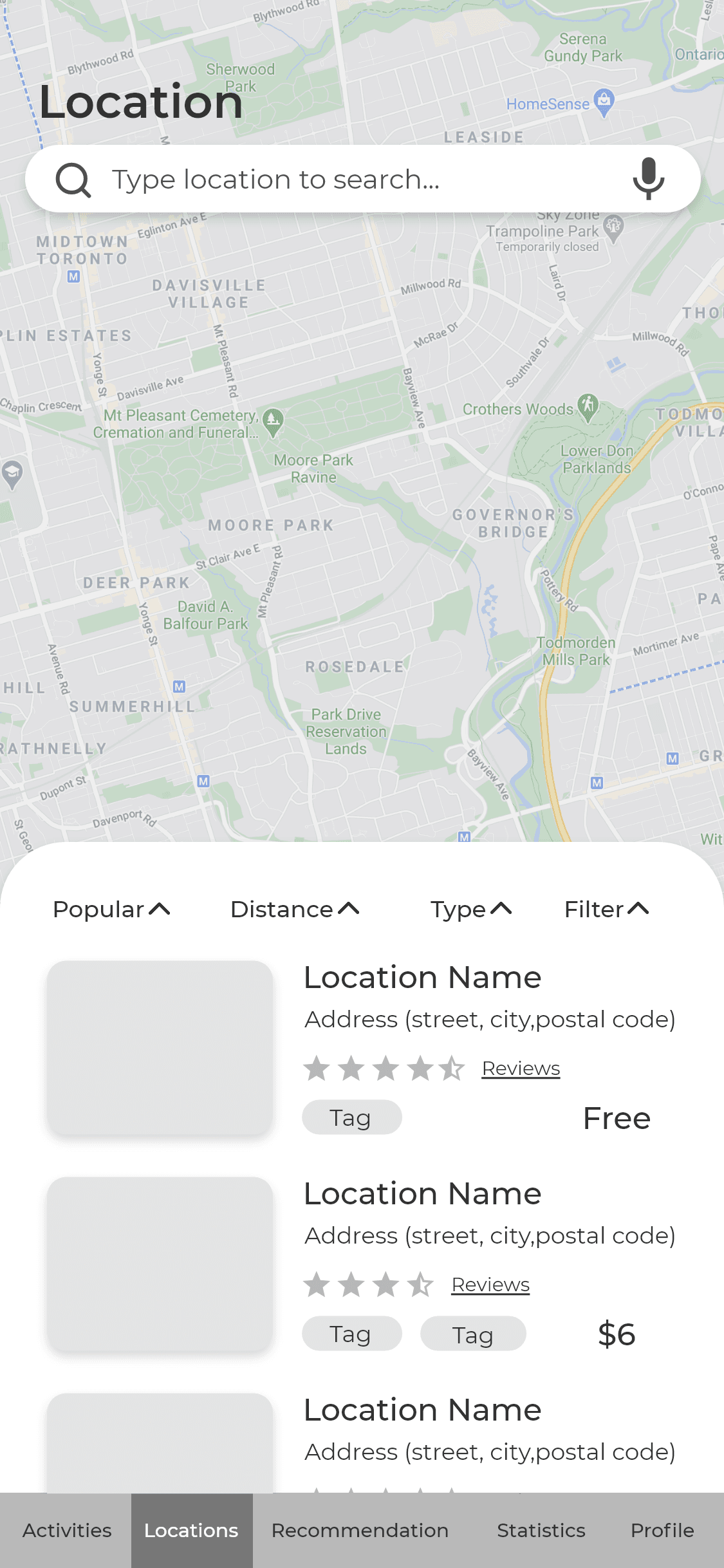 A low fidelity prototype of the map screen of the KoalaKo app, where the user is able to view a map of their local area and its child friendly locations.