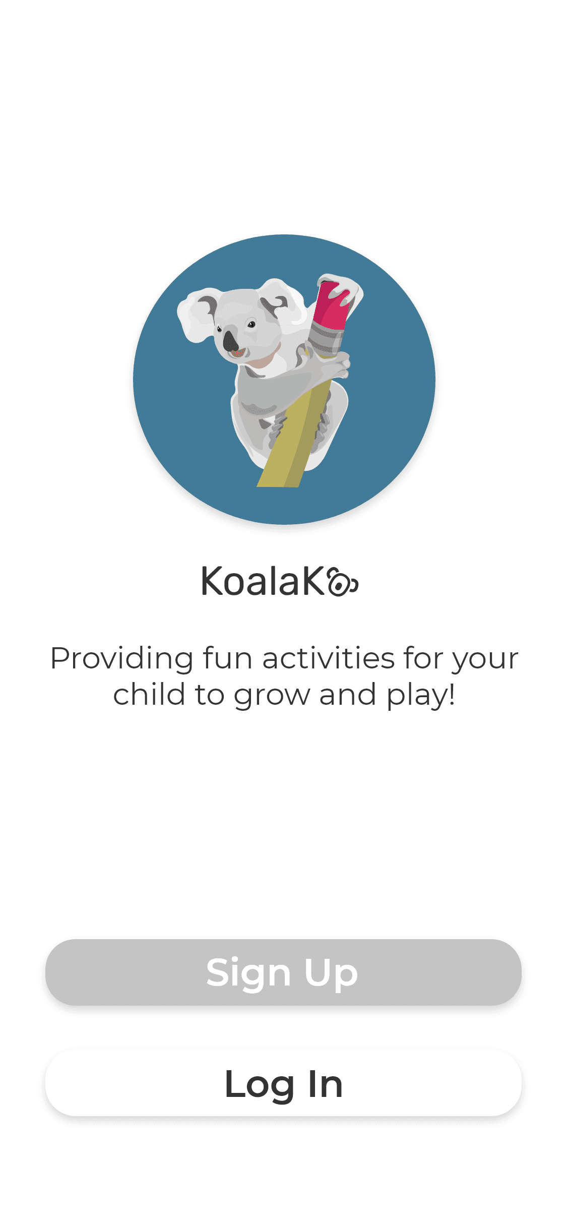 A low fidelity prototype of the onboarding screen of the KoalaKo app, where the user is able to either sign up or log in to the app.