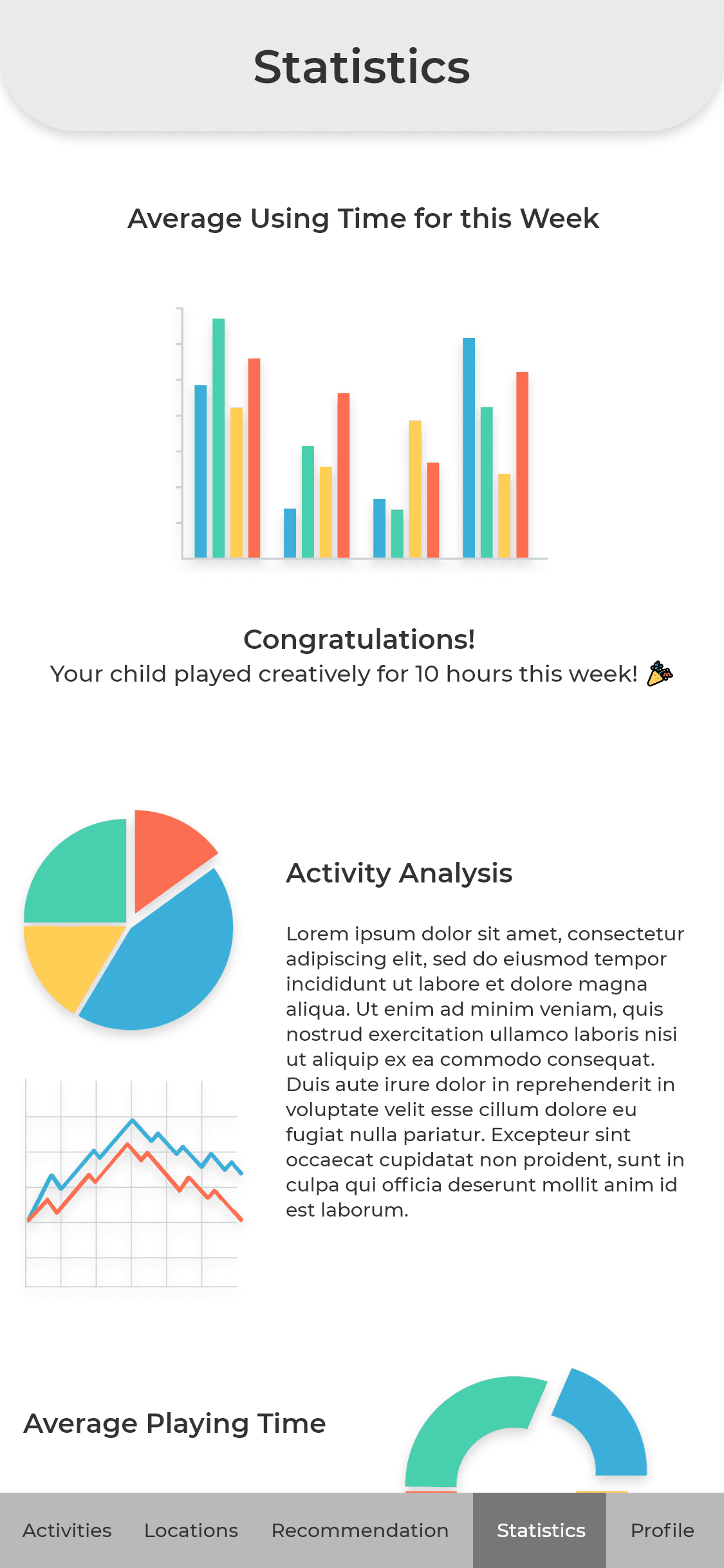 A low fidelity prototype of the statistics screen of the KoalaKo app, where the user is able to view their play statistics, and other data on creative development.