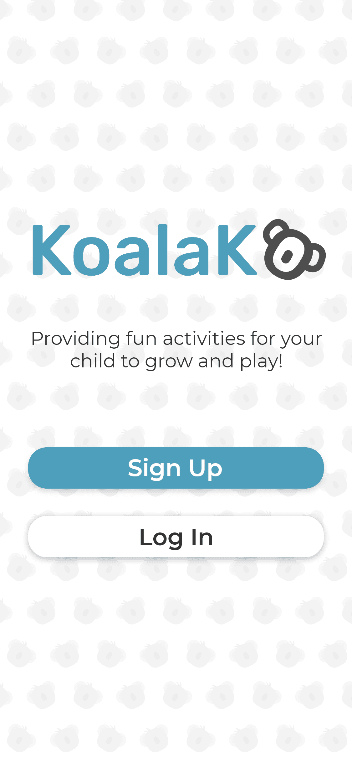 A screenshot of the onboarding screen of the KoalaKo app, where the user is able to either sign up or log in to the app.