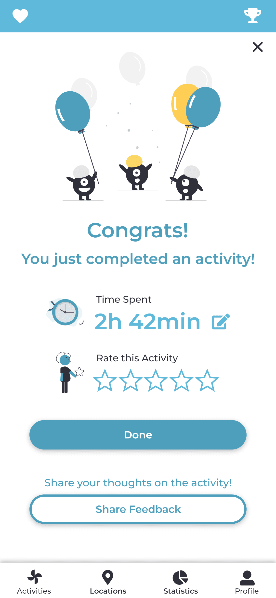 The post-activity screen of the KoalaKo app, where the user is able to rate their experience and leave feedback if they want.