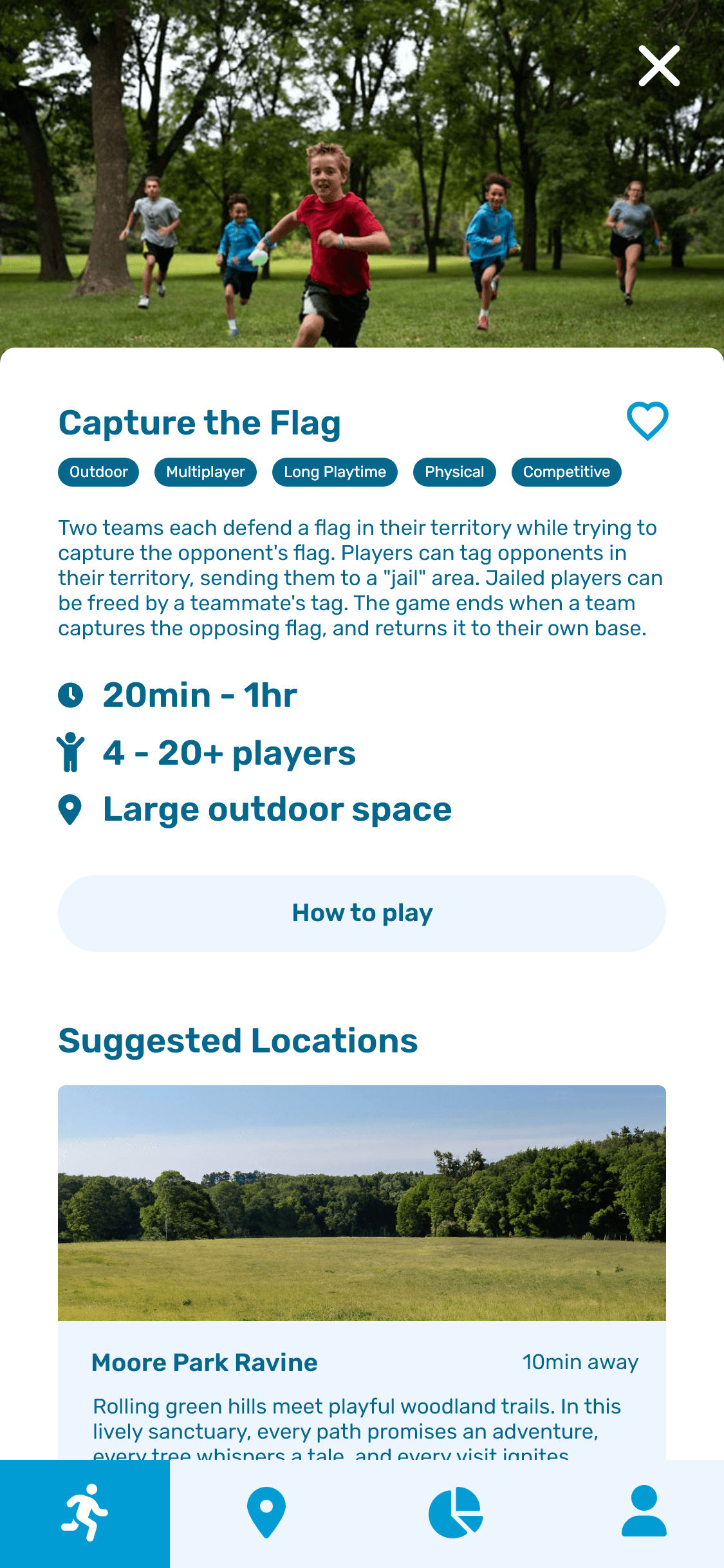 A screenshot of the KoalaKo game listing page, showing a listing of a game that has been selected from the activities screen. The listing shows the title, description, tags, an icon to favorite the game, user reviews, and a suggested local spot to play