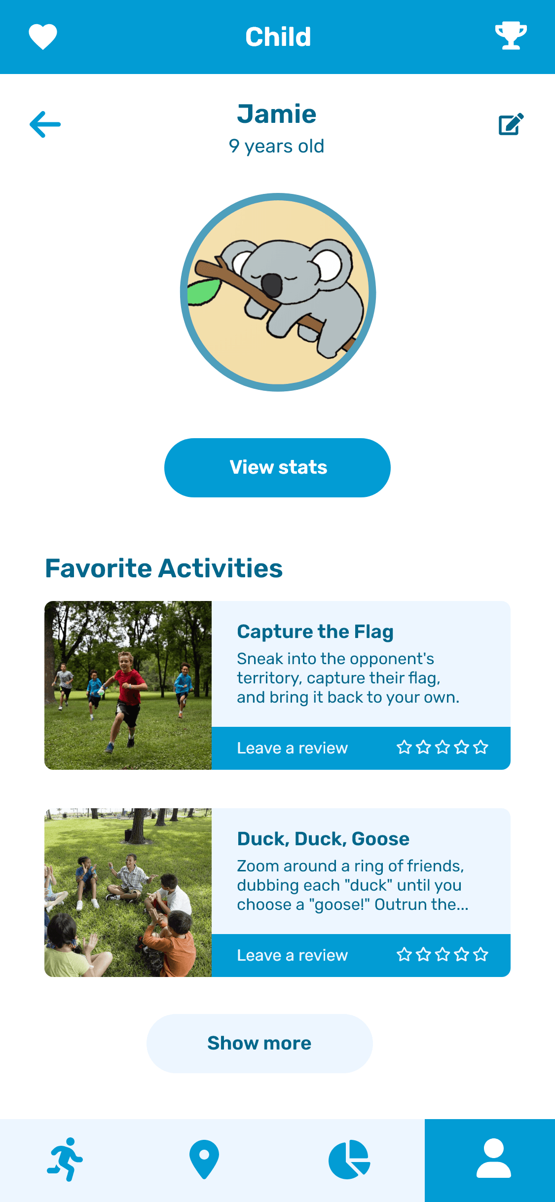 A screenshot of the KoalaKo app showing the profile of your child.  This profile contains no personal details about your child, except for their name which isnt necessary to provide.  The profile contains a list of activities that the child has completed, and their favourite activities.