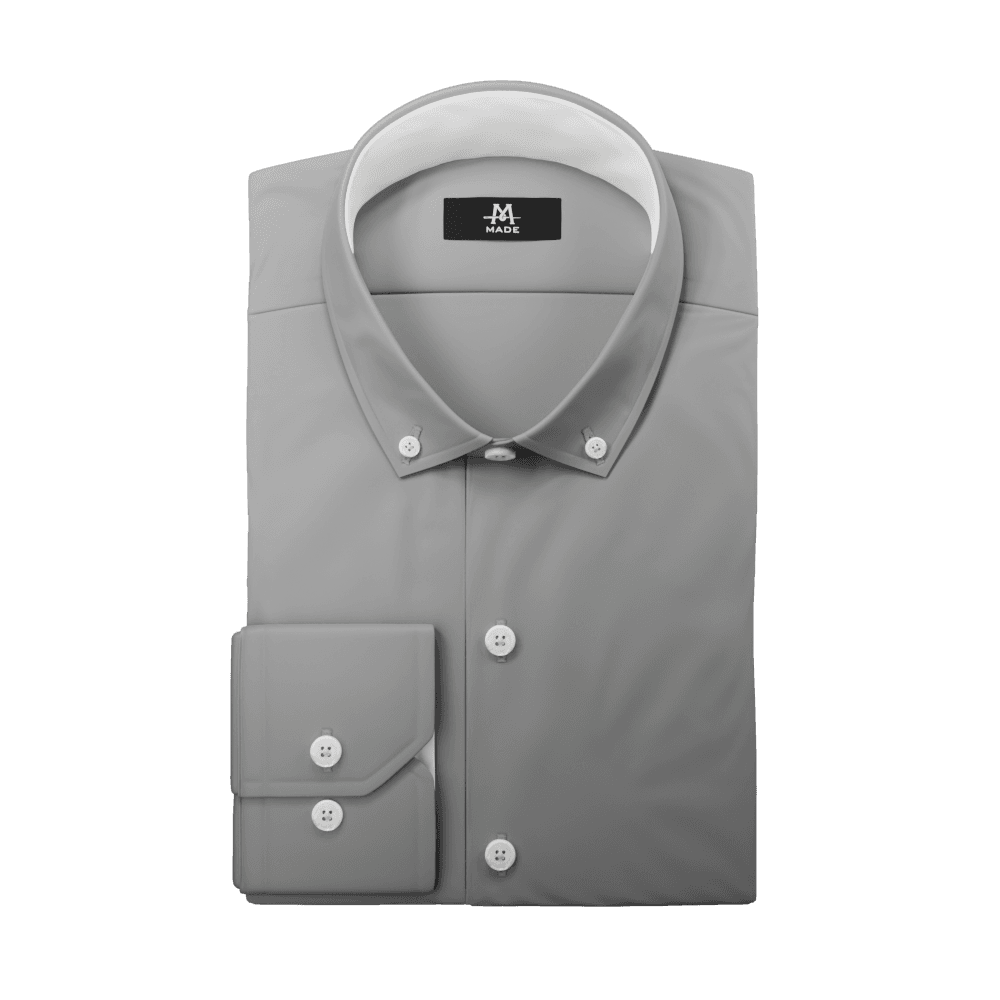 A 3D rendering of a shirt model with a wide collar where the inner fabric of the collar and cuff is pulsing with white light to act as a visual guide for what a contrast fabric is and where they are located
