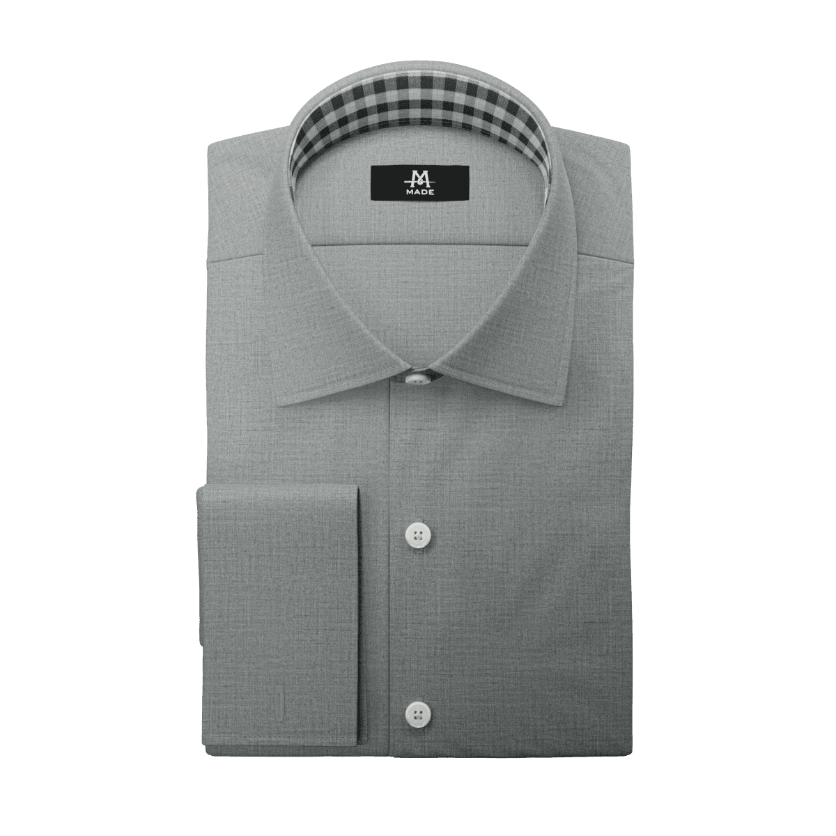 A 3D rendering of a wide-collar dress shirt with contrast fabric.  The base fabric is then horizontally wiped away and replaced with a mat-cap texture, leaving only the contrast fabric.  From there, the contrast fabrics begin cycling through a series of different colors and patters.