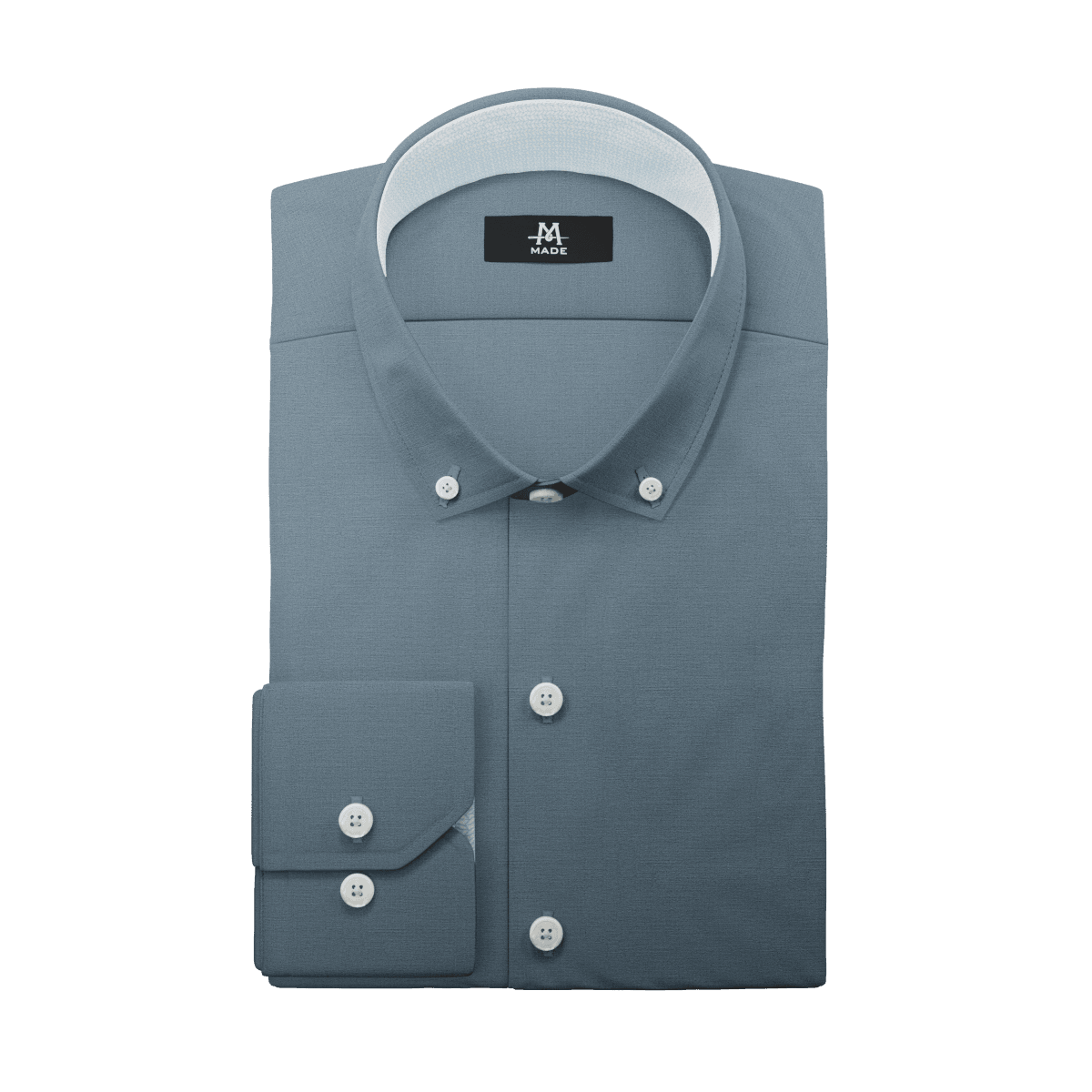 A blue dress shirt with white contrast fabric, a mini-wide collar, regular cuff, and white buttons
