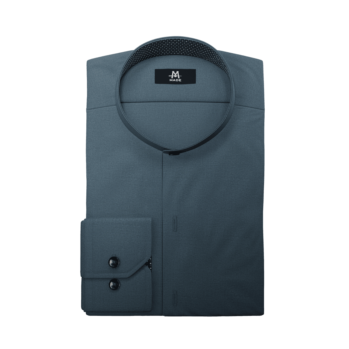 A navy blue dress shirt with spotted contrast fabric, a band collar, regular cuff, and dark buttons