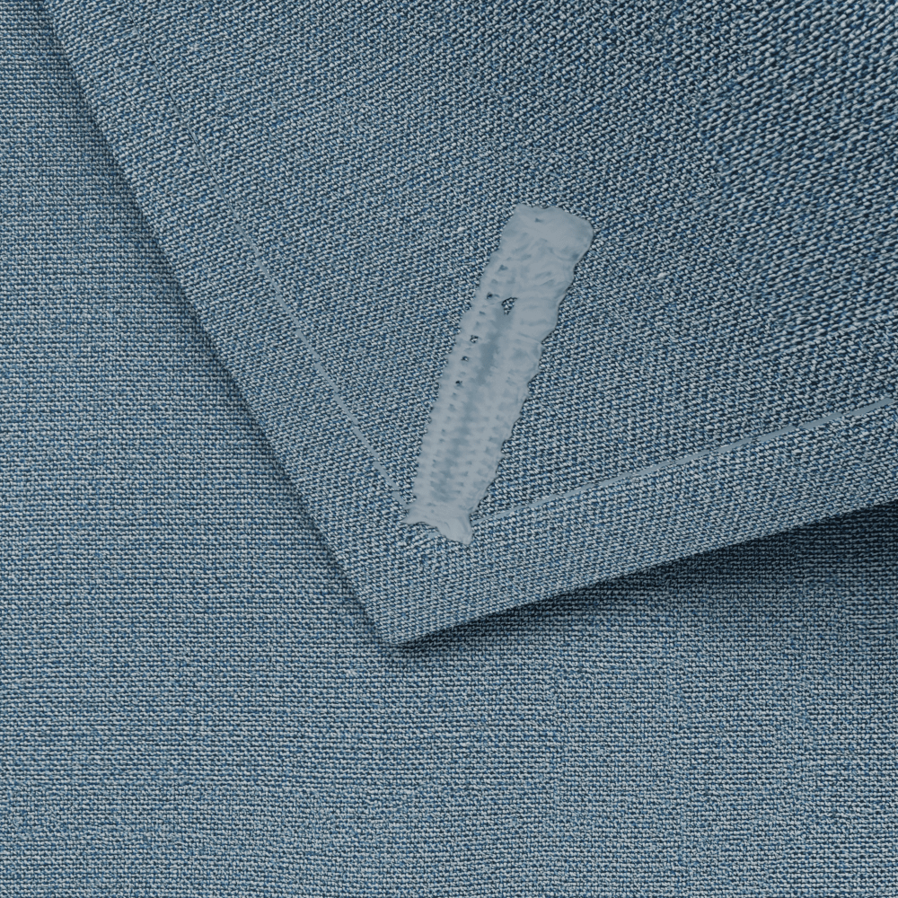 A close up rendering of a button-hole on a dress shirt, showing that it is color matched to the shirt fabric