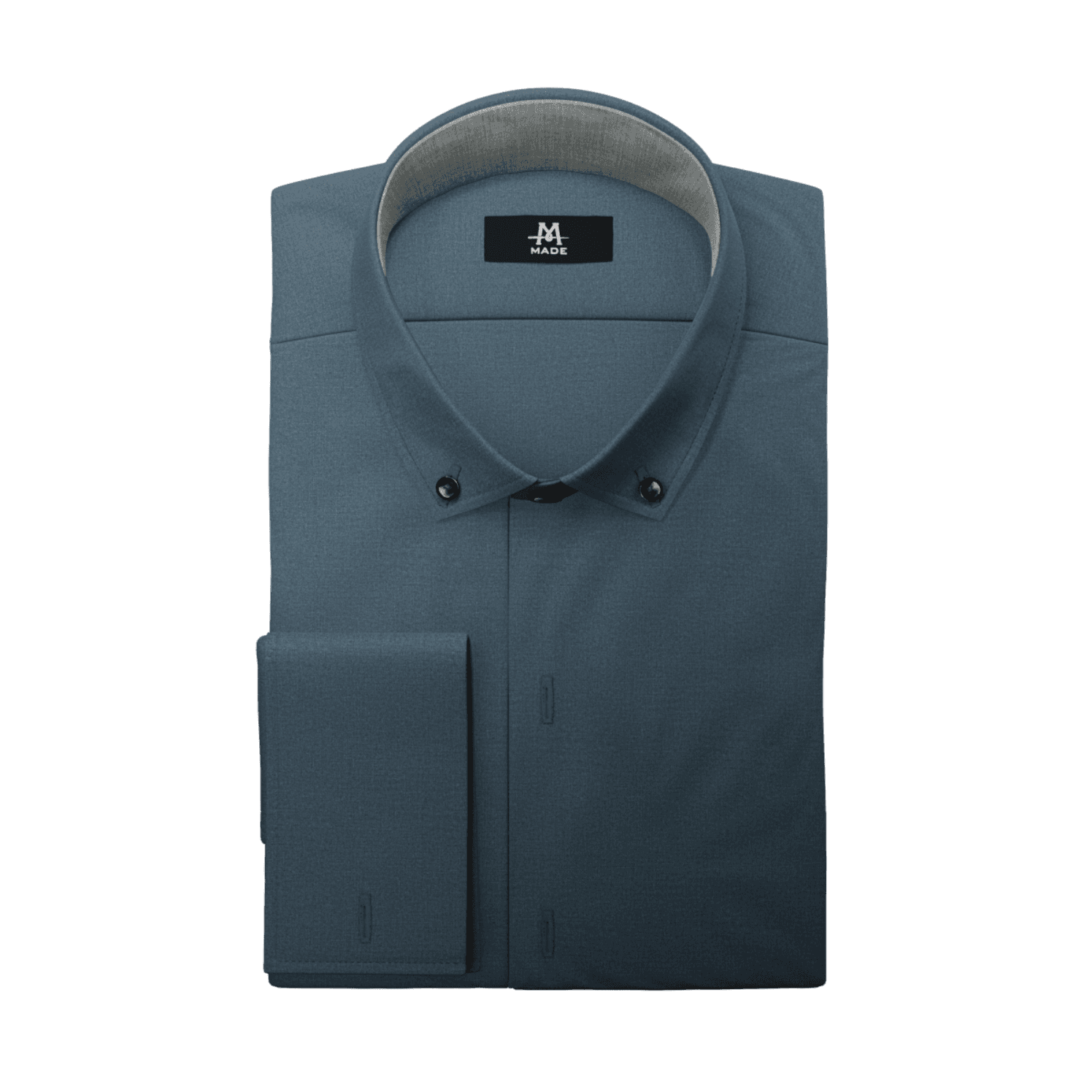 A dark blue dress shirt with grey contrast fabric, a French cuff, dark buttons, and mini-wide collar.