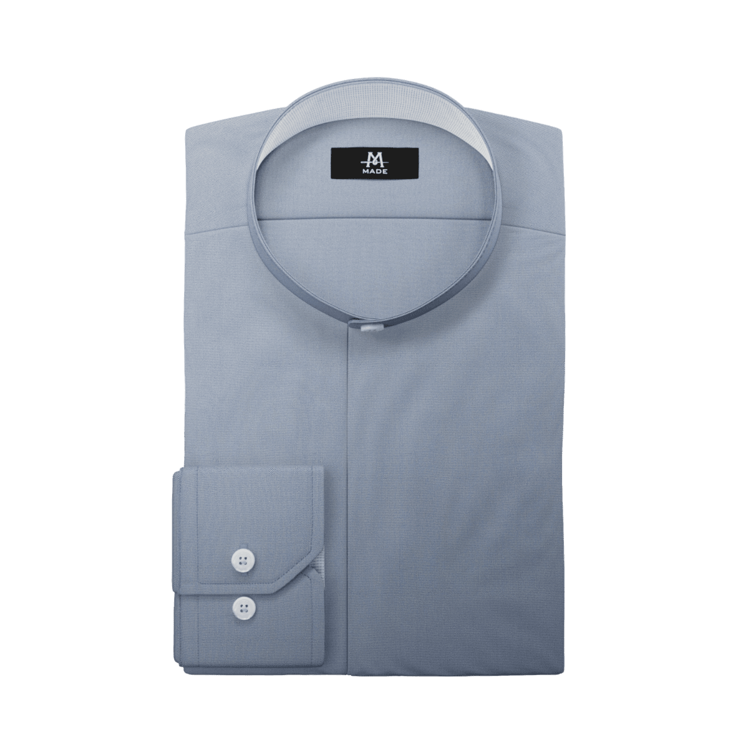 A light blue dress shirt with white contrast fabric, a band collar, regular cuff, and light buttons.