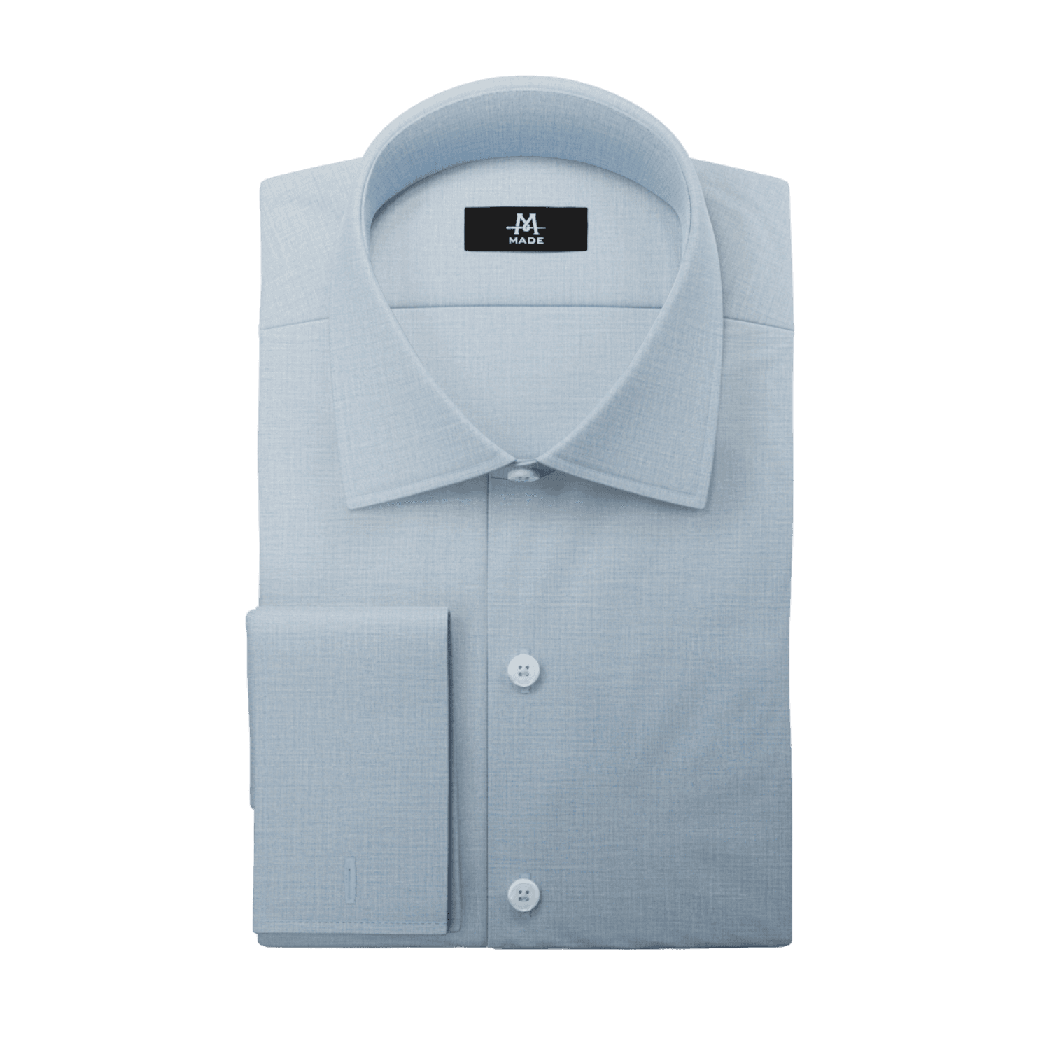 A very light blue dress shirt with no contrast fabric, a wide collar, French cuff, light buttons, and regular cuff.