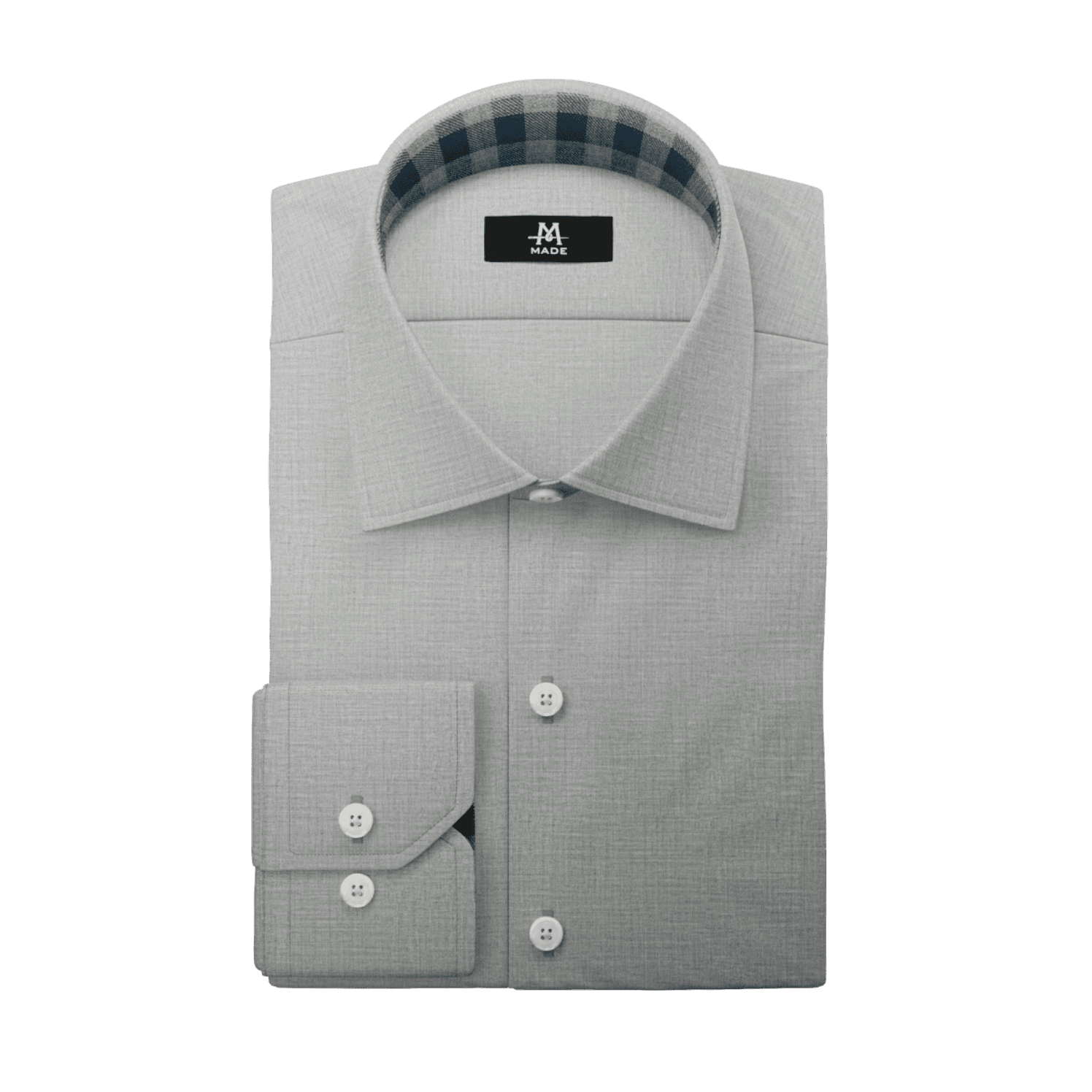 A light grey dress shirt with plaid contrast fabric, a wide collar, regular cuff, and light buttons.