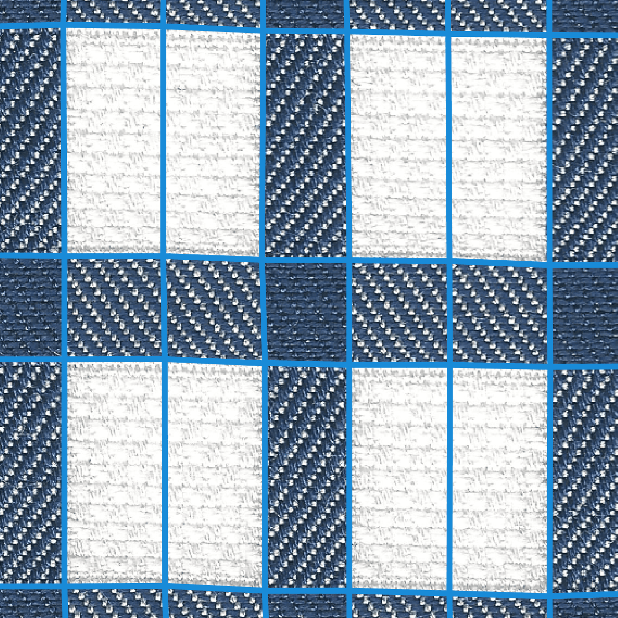 A high res scan of white and blue stripped fabric, cropped down to only show only a small portion, one grid square, of the fabric, with the grid lines traced over the fabric