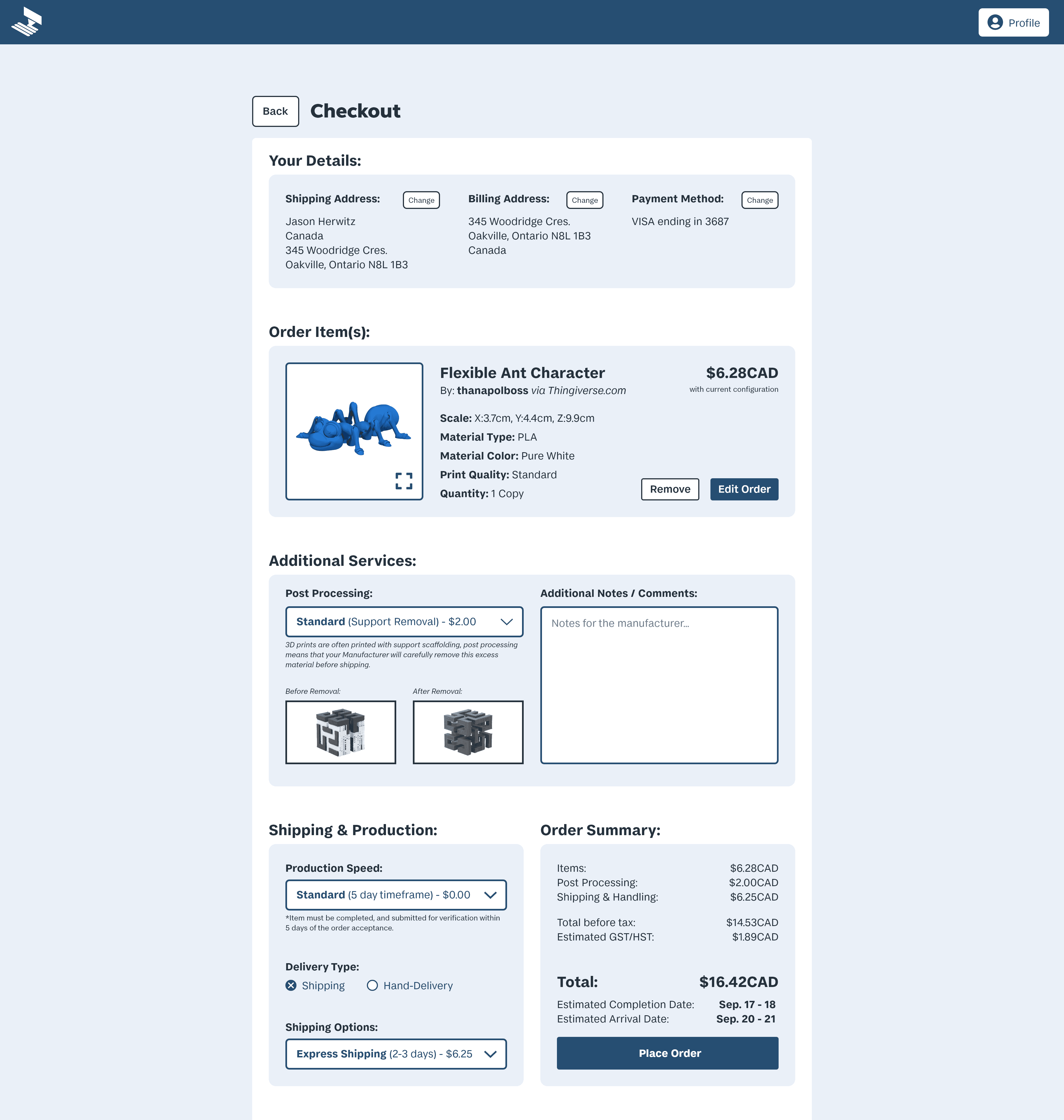 Checkout page for MakeRight, where customers can customize their order and finalize their purchase.