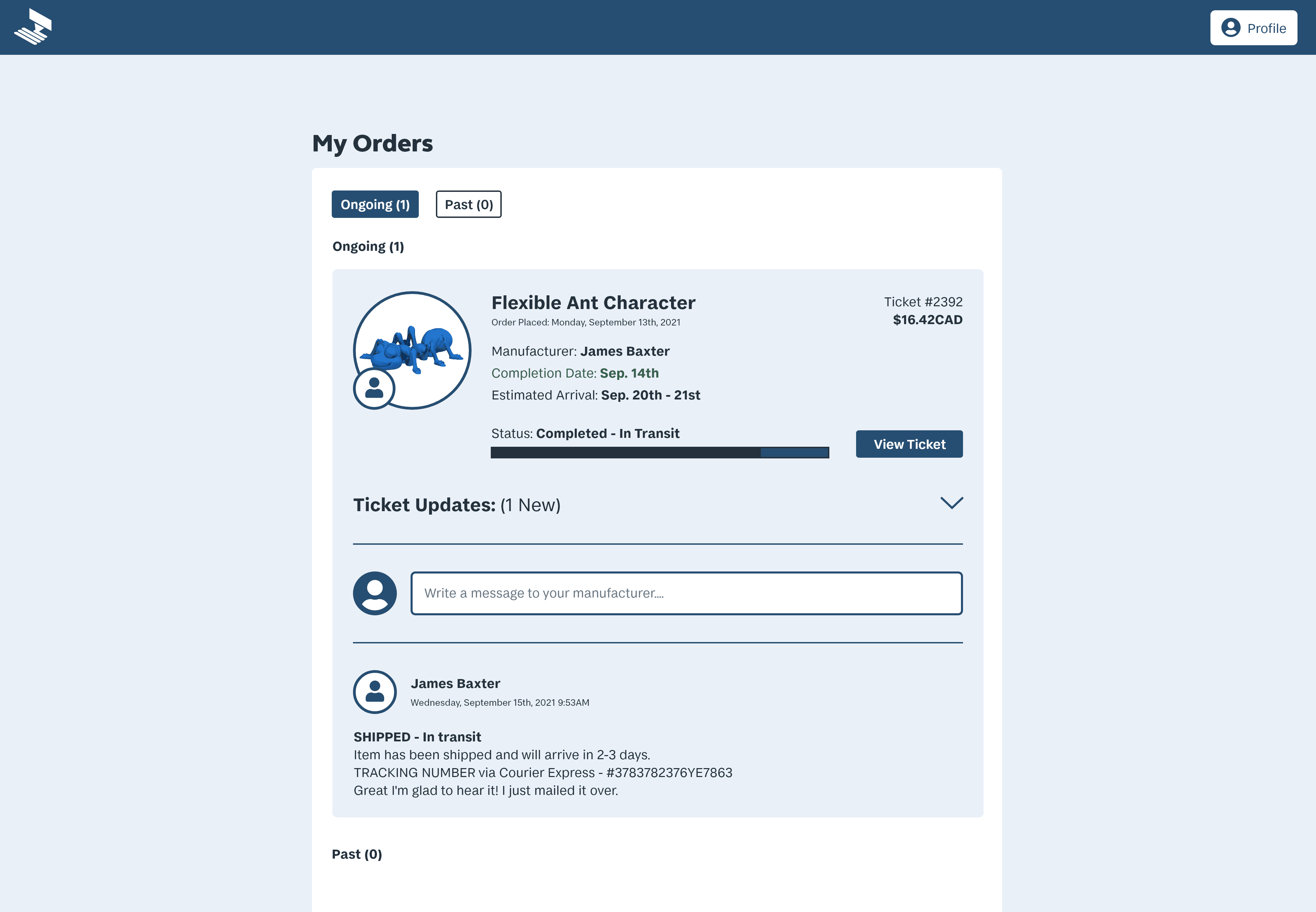 Shipped confirmation page for MakeRight, where customers are notified that their item has been packaged and shipped, and provided with the necessary tracking information.