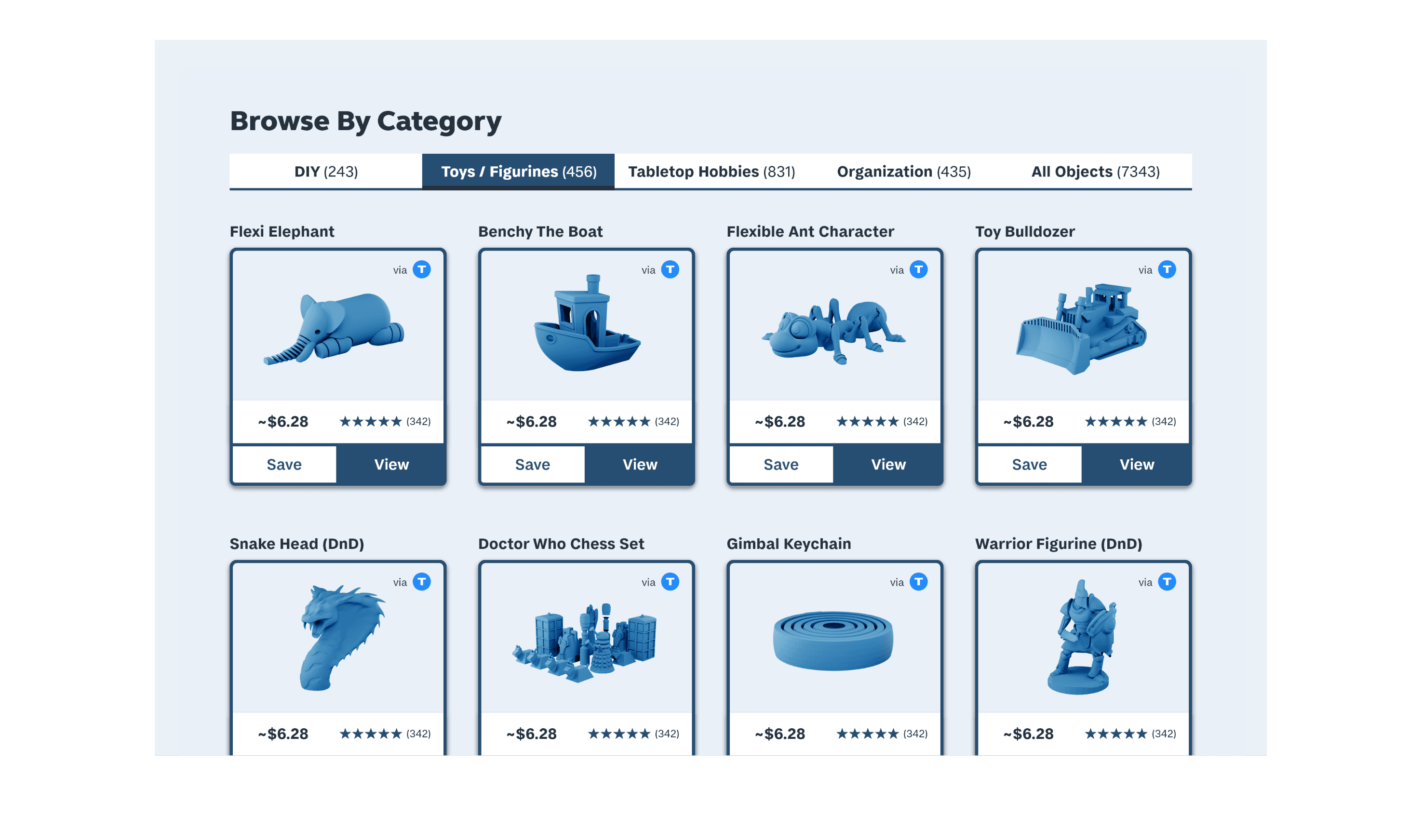 MakeRight UI screenshot showing a storefront page filled with different 3D models
