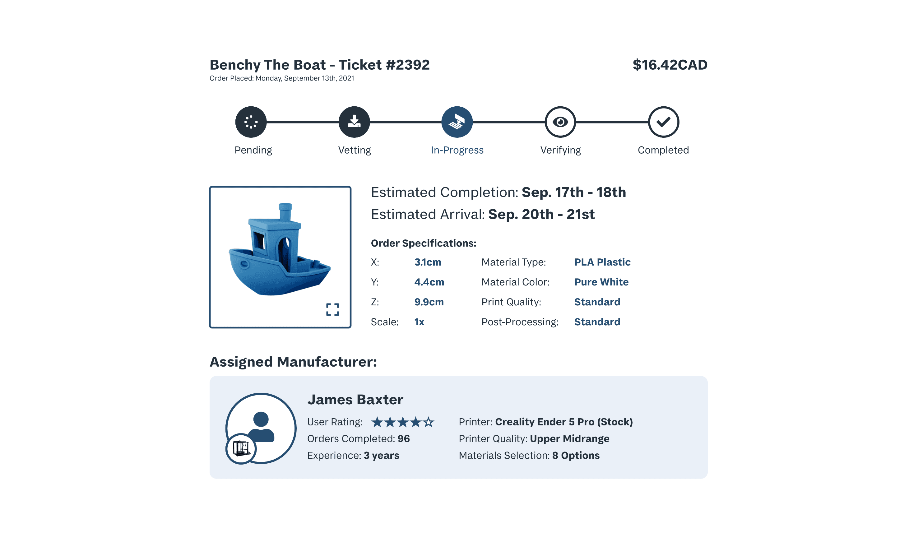 MakeRight UI screenshot showing the order ticket page, where a plastic boat has been purchased