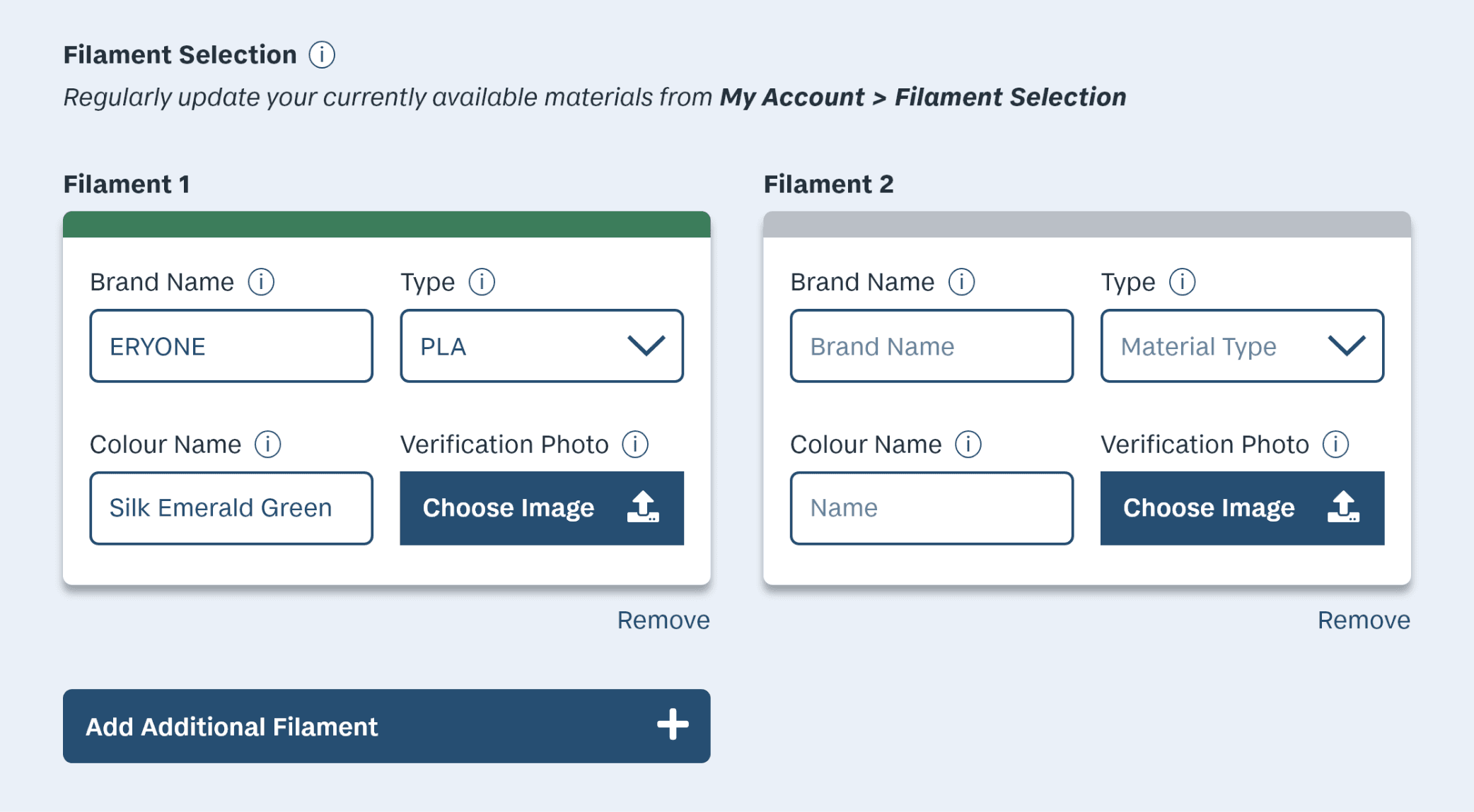 Updated UI for inputting a manufacturer's filament during signup