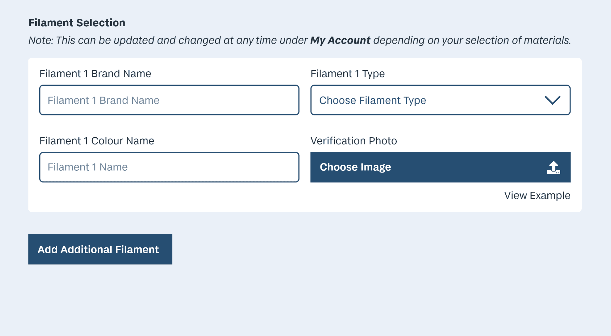 An early version of the UI for inputting a manufacturer's filament during signup