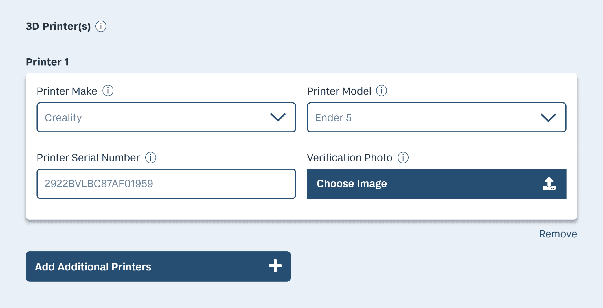 Updated UI for inputting a manufacturer's 3D printer during signup