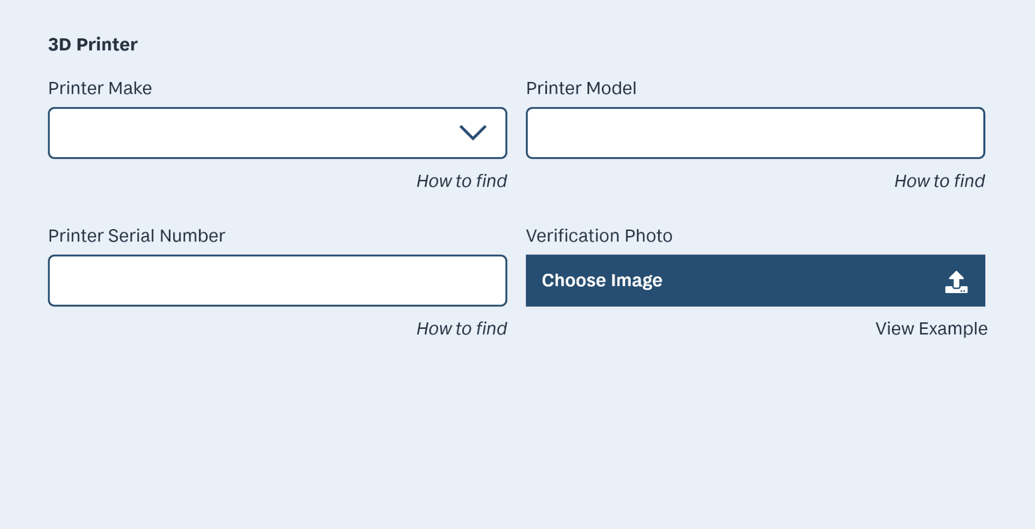 An older version of the UI for inputting a manufacturer's 3D printer during signup