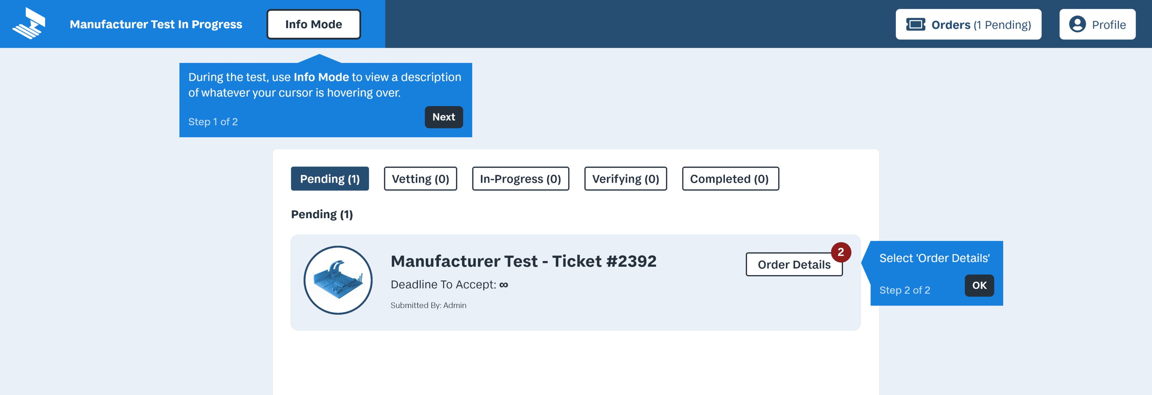 A screenshot of the Tutorial tooltips that were added throughout the manufacturer testing process